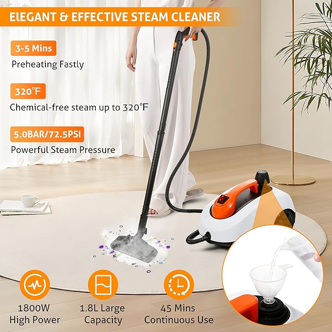 WICHEMI Steam Cleaner with Extension Pole, 61 oz, Steam Cleaner for Home, Adjustable Steam Pressure, 26 Accessories, Handheld Steam Cleaner for Walls, Gaps, Hard Floors, and Tiles