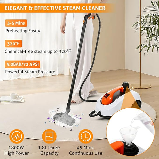 WICHEMI Steam Cleaner with Extension Pole, 61 oz, Steam Cleaner for Home, Adjustable Steam Pressure, 26 Accessories, Handheld Steam Cleaner for Walls, Gaps, Hard Floors, and Tiles