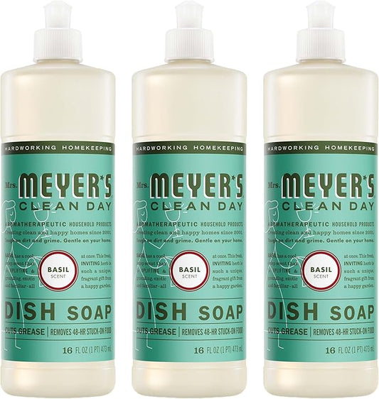 MRS. MEYER'S CLEAN DAY Liquid Dish Soap, Basil Scent, 16 Fl Oz Bottle - 3 Pack