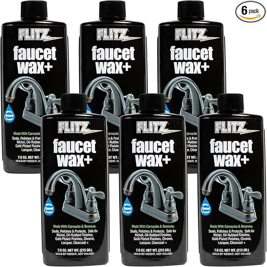 Flitz Faucet Wax Plus - 7.6oz Bottle of USA-Made, Water-Based Faucet Cleaner & Polisher for Water Stains, Fingerprints, & More - Metal Wax for Bronze, Nickel, Chrome, Brass - Granite Polish (6 Pack)