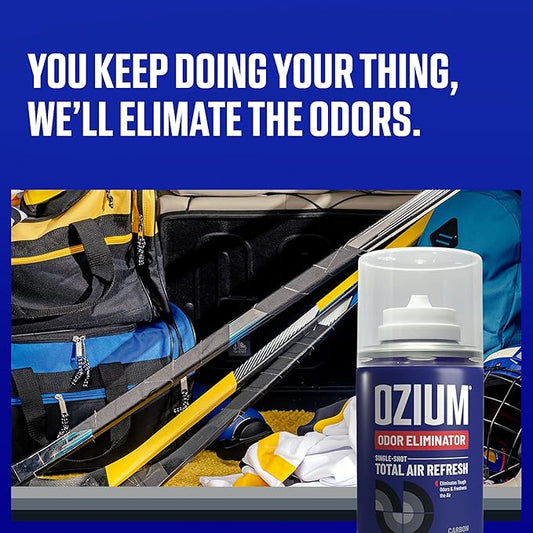 OZIUM Air Freshener Odor Eliminator, 2oz Single Shot Total Air Refresh & Car Air Freshener – Carbon Black – 4 Pack