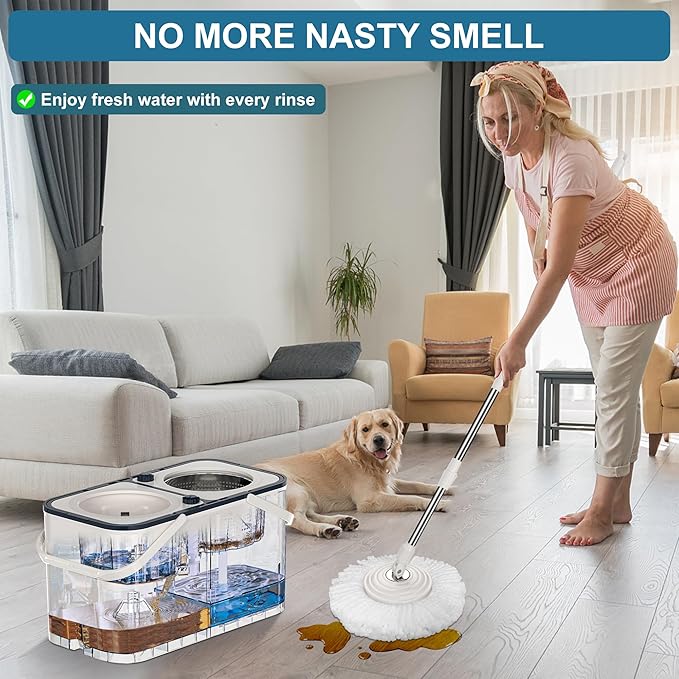 Gen 1 Large-Capacity Spin Mop and Bucket – for Big Homes & Deep Cleaning Days,4-Chamber System Separates Dirty & Clean Water, 2-GAL Heavy-Duty Design with Wheels & 10 Refill Mop Heads - White/Blue