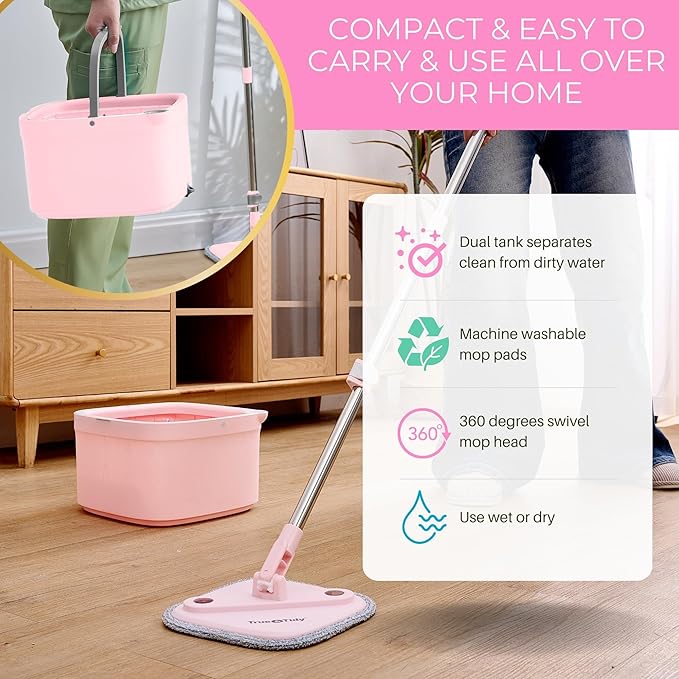 Square Spin Mop & Bucket Smart Floor Mop with Separate Compartments for Clean and Dirty Water, Self Cleaning 2025 Upgraded Version w/Side Brush & Self-Standing Handle, Rose