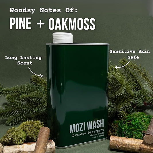 MOZI WASH Laundry Detergent Liquid, Alpine Woods, 50+ Loads, Concentrated, Plant Based, Cruelty & Dye Free, Phosphate & Paraben Free, Earth Friendly, Long Lasting Fresh Scent, 32 oz Recyclable Bottle