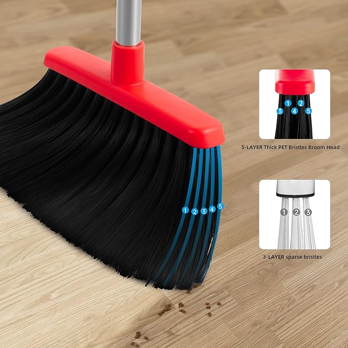 Broom and Dustpan Set for Home,52-in Long Adjustable Handle Angle Broom for Sweeping Indoor Dustpan Teeth to Clean Pet Hair Suitable for Home Kitchen Office