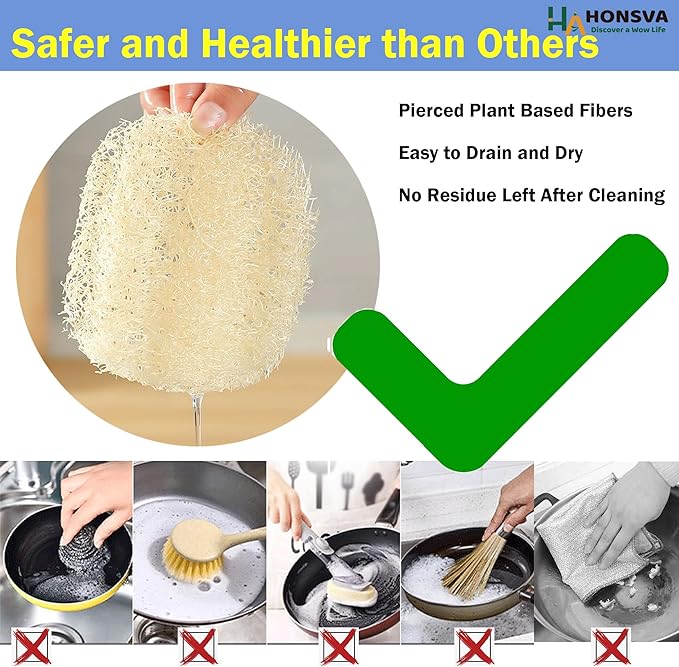 Natural Loofah Kitchen Sponge (3 Pcs) No Scratch Scrubber for Dishwashing, 100% Plant Fibers Vegetable Scrubber, Zero Waste and Eco Friendly Loofa, Square, Large Size