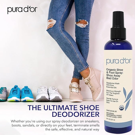 PURA D'OR Organic Shoe & Foot Odor Eliminator Spray (8oz) Deodorizes & Removes Bad Smells with Eucalyptus, Peppermint, Tea Tree, Lemongrass Essential Oil, Maximum Strength (Packaging may vary)