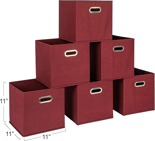 Household Essentials Foldable Fabric Storage Cubes 6-Pack – 11x11x11 Stackable Non-Woven Bins with Chipboard Sides & Grommet Handles – Closet, Shelf, Nursery, or Office Organizer – Burgundy