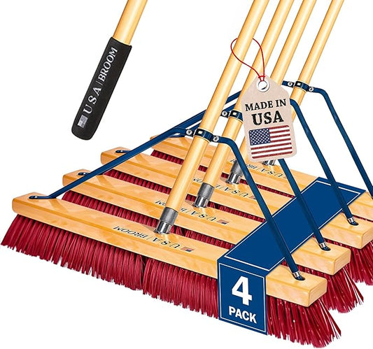 4 Pack Bundle - 24" Soft Sweep Indoor Push Broom with 60" Handle. Ideal for Epoxy & Polished Floors. Durable American Made Steel Brackets-Stainless Steel Hardware. No Plastic. 100% USA Made.