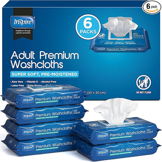 Inspire Adult Wet Wipes, Wash Cloths, Incontinence & Cleansing for Elderly Extra Large, 8"x12" (300 count)