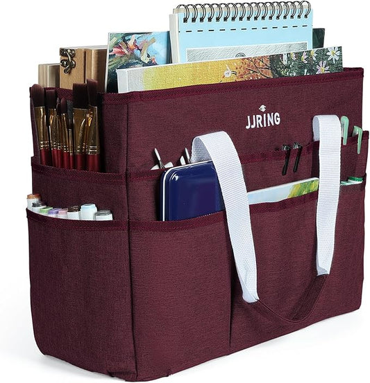 JJRING Craft Organizer Tote Bag, Large Art Storage Caddy with Multiple Pockets, Dark Red Sewing Bag for Art, Craft, Scrapbooking, Medical, and Office Supplies Storage