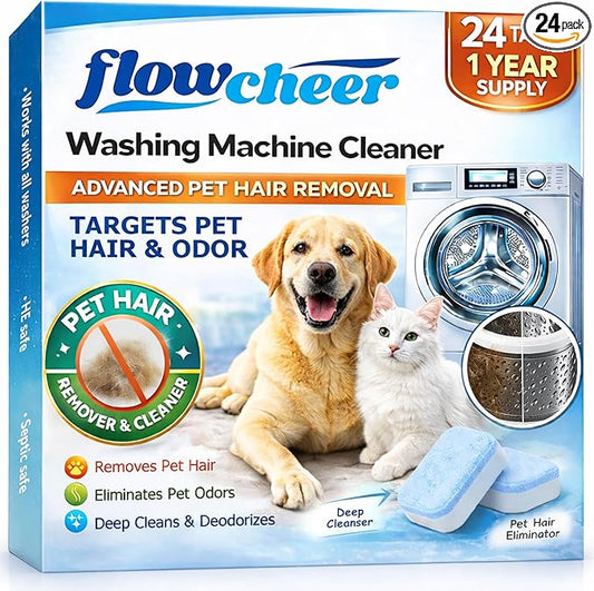 flowcheer Washing Machine Cleaner for Pet Hair & Odor Deep Cleaning Tablets for Washer Drum & Tub – Breaks Down Odor-Causing Buildup, Loosens Pet Hair Residue – 24 Tablets, 1 Year Supply