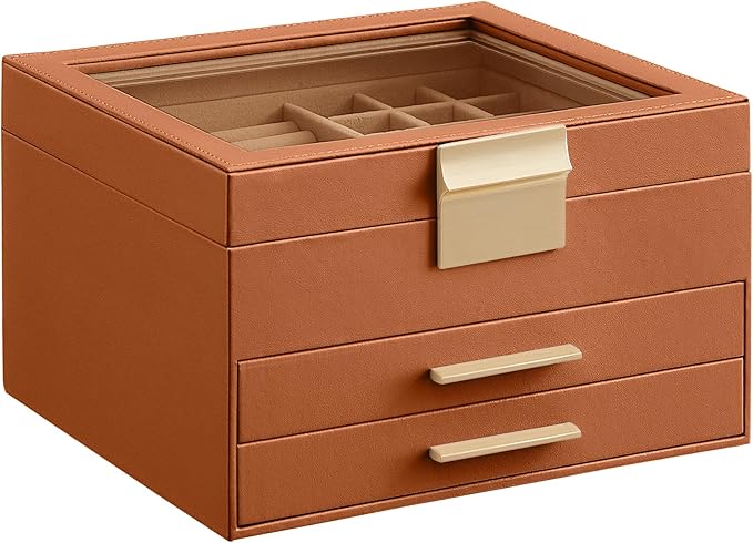 SONGMICS GISELLA Collection - Jewelry Box Organizer, 3-Layer Jewelry Storage with 2 Drawers, Shiny Metal Hardware, Glass Lid, Modern, 8 x 9.1 x 5.3 Inches, Caramel Brown and Gold Color UJBC239K01