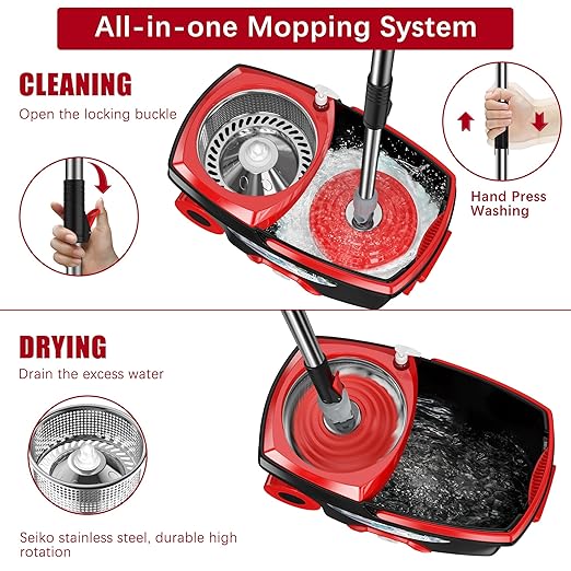 FunClean 360° Spin Mop and Bucket Set with Wringer, 4 Extra Microfiber Heads, 61" Extended Handle for Effortless Floor Cleaning, 2X Wheel Design - Black