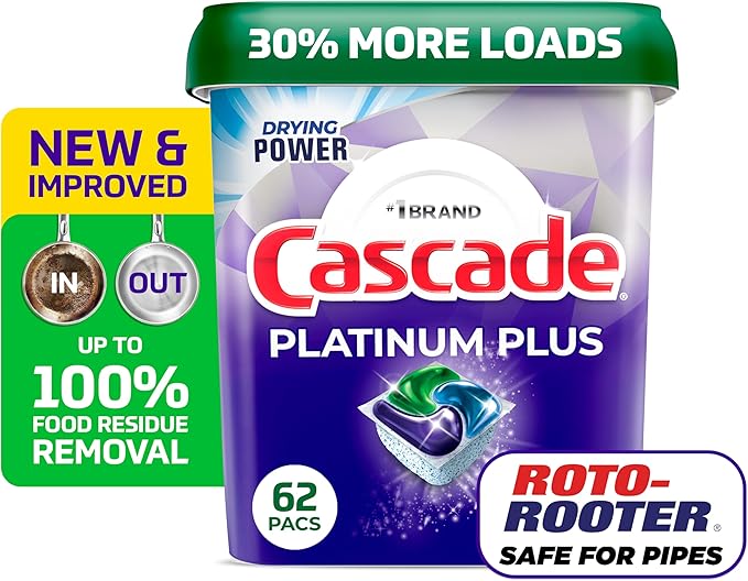 Cascade Platinum Plus Dishwasher Pods, Dish Detergent Soap, Clean Scent, 62 Count