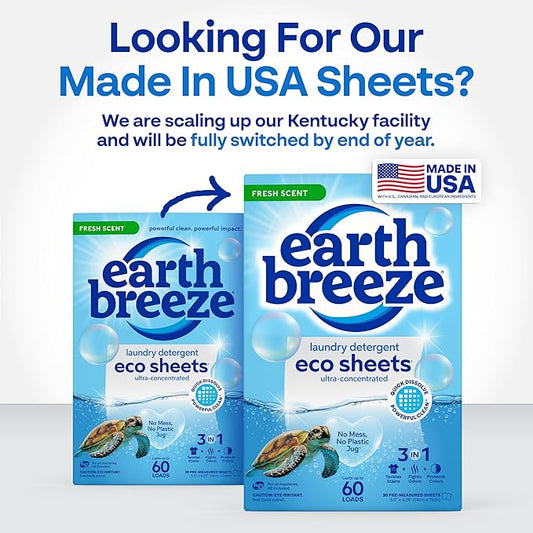 Earth Breeze Laundry Detergent Sheets Fresh Scent - 60 Loads per package. Eco Liquidless Soap - Travel-Friendly for Hot & Cold Cycles, Tackles Tough Stains & Odors - Gentle on Skin, 30 sheets (3 Pack)