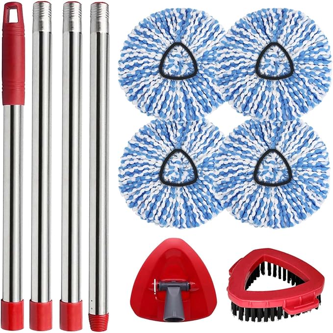 Small Spin Mop Replacement Head for O Cedar RinseClean 2-Tank System, 4 Fluffy Microfiber Mop Refills with 1 Small Base & 1 Scrubber Head & 30-58in Mop Handle, Deep Clean, Machine Washable