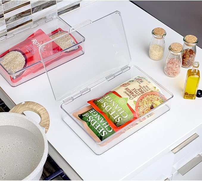 iDesign Plastic Stackable Hinged-Lid Pantry or Kitchen Storage Box - Set of 2 - Clear