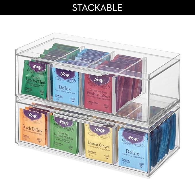 iDesign Stackable 4-Section Tea Storage Drawers - Tea Bag Organizers for Cabinet or Countertop - Set of 2 - Clear
