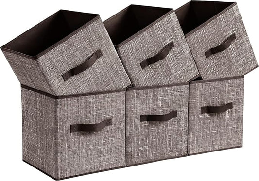 SONGMICS Storage Cubes, 11-Inch Non-Woven Fabric Bins with Double Handles, Set of 6, Closet Organizers for Shelves, Foldable, for Clothes, Walnut Color UROB026K02