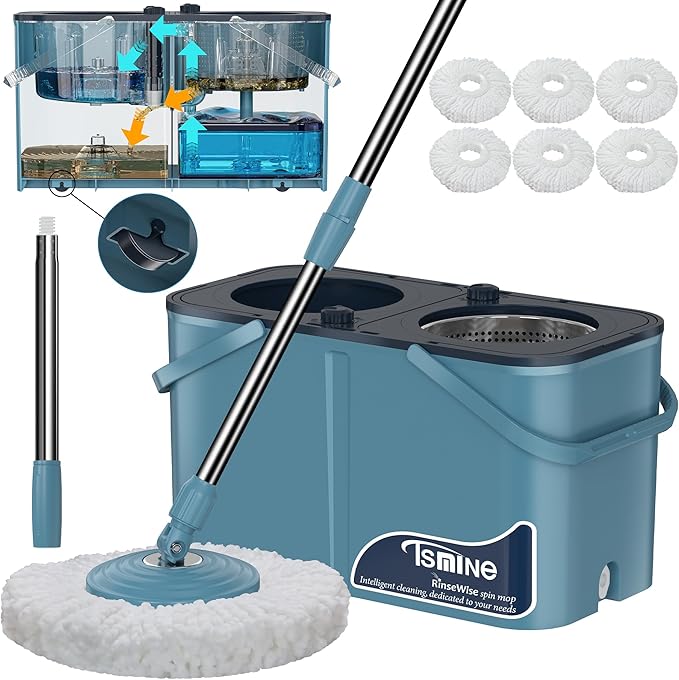Gen 1 Large-Capacity Spin Mop and Bucket – for Big Homes & Deep Cleaning Days,4-Chamber System Separates Dirty & Clean Water, 2-GAL Heavy-Duty Design with Wheels & 6 Refill Mop Heads - Blue/Grey