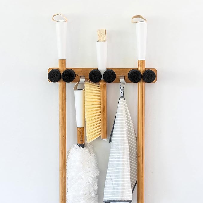 Full Circle Get A Grip, Wall-Mounted Mop and Broom Organizer, Lightweight Bamboo with Foam Pegs, Easy to Install Home Organization, Also Perfect for Garden Tools and Garage, Small