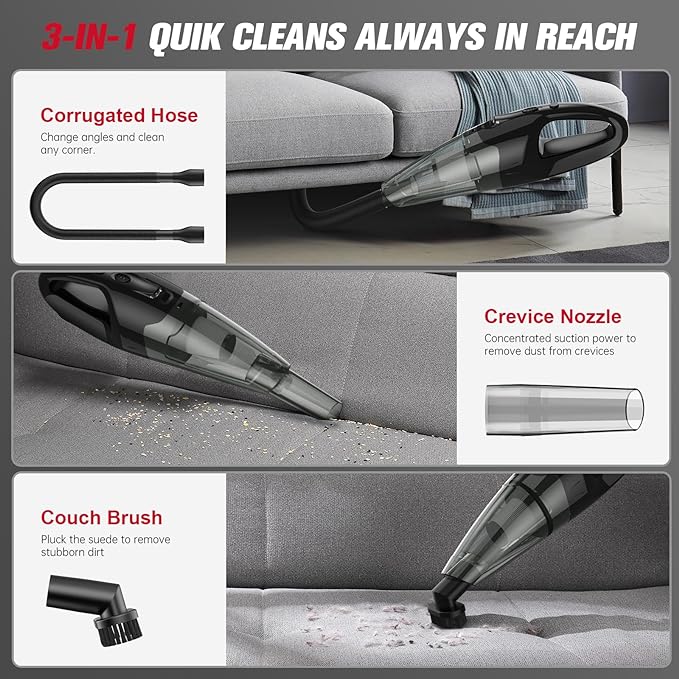 Handheld Vacuum Cordless Rechargeable, Mini Car Vacuum Cleaner with LED, USB Charge, 1.65LBs Hand Vacuum Cordless, 25 Minutes Run Time for Car/Home/Pet Hair
