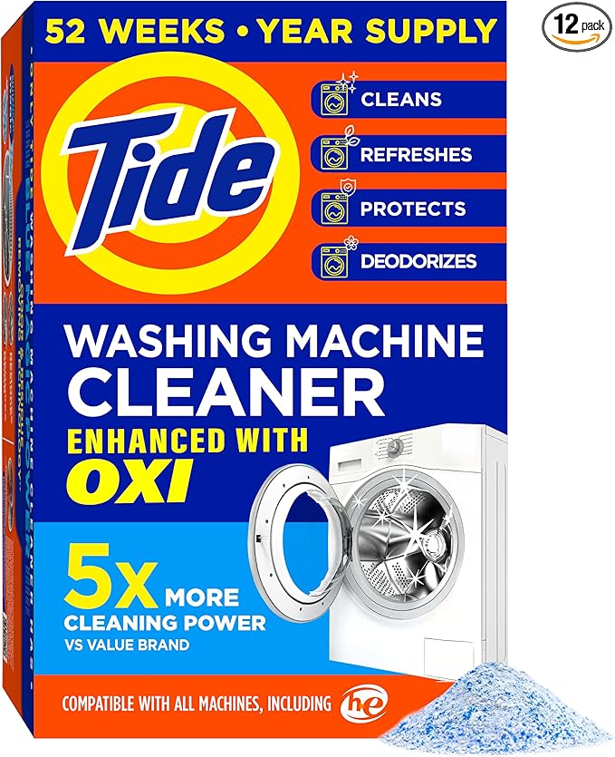 Tide Washing Machine Cleaner 52 Week Supply with Oxi for Front and Top Loader Washer Machines, Deep Cleaning Residue & Odor Eliminator, 12 Month Supply (Packaging May Vary)