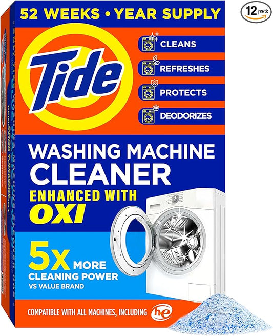 Tide Washing Machine Cleaner 52 Week Supply with Oxi for Front and Top Loader Washer Machines, Deep Cleaning Residue & Odor Eliminator, 12 Month Supply (Packaging May Vary)