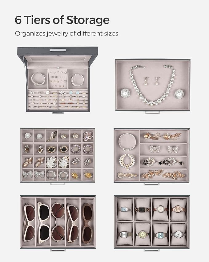 SONGMICS Jewelry Box, 6-Tier Jewelry Organizer, Large Jewelry Case with Big Mirror, 5 Drawers, Large Capacity, Jewelry Storage, Modern Style, Gift for Loved Ones, Gray UJBC138G01
