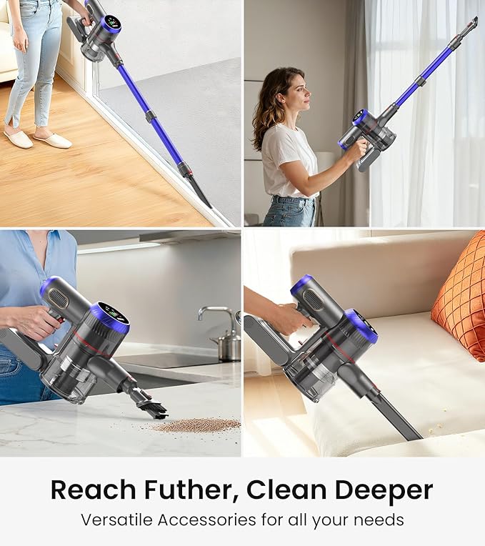 Cordless Vacuum Cleaner, 550W 45kPa 60Mins Vacuum Cleaners for Home with LED Display, Self-Standing Stick Vacuum with Anti-Tangle Brush, Rechargeable Vacuum Cordless for Pet Hair/Carpet/Floor