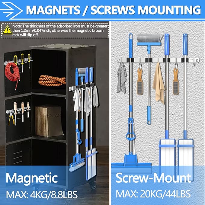 3-H Magnetic Broom Holder Wall Mount 2 Pack, 2-in-1 Dual Mount (No Drill or Screw Fix), 304 Stainless Steel Heavy Duty Magnet Mop Broom Organizer for Kitchen Garden Garage(4 Racks & 5 Hooks,Silver)