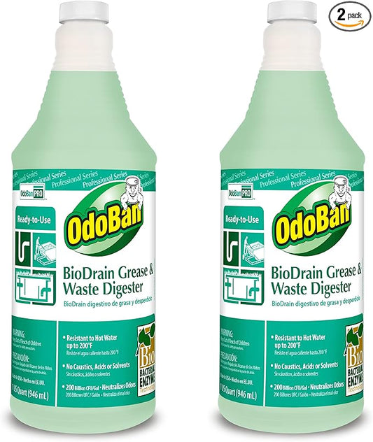 OdoBan Professional Cleaning Ready-to-Use BioDrain Grease and Waste Digester, Made in the USA, Set of 2 Bottles, 32 Ounces Each