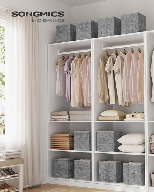 SONGMICS Storage Cubes, 10.2 x 10.2 x 11 Inches Non-Woven Fabric Bins with Double Handles, Set of 10, Closet Organizers for Shelves, Foldable, for Clothes, Cattail Gray UROB126G01