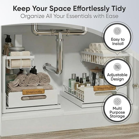 Under Sink Organizer 2-Pack, Metal Under Sink Organizer for Kitchen & Bathroom, Multi-Use Under Sink Storage Rack for Cleaning Supplies and Bathroom Essentials (White)