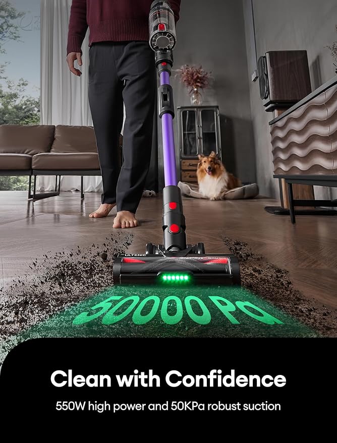 Ultenic Cordless Vacuum Cleaner, 550W/50Kpa, 60Mins Runtime, Stick Vacuum Cordless with 180°Bendable Wand, Anti-Tangle Brush, Vacuum Cleaners for Home/Pet Hair/Carpet/Floor (Purple)