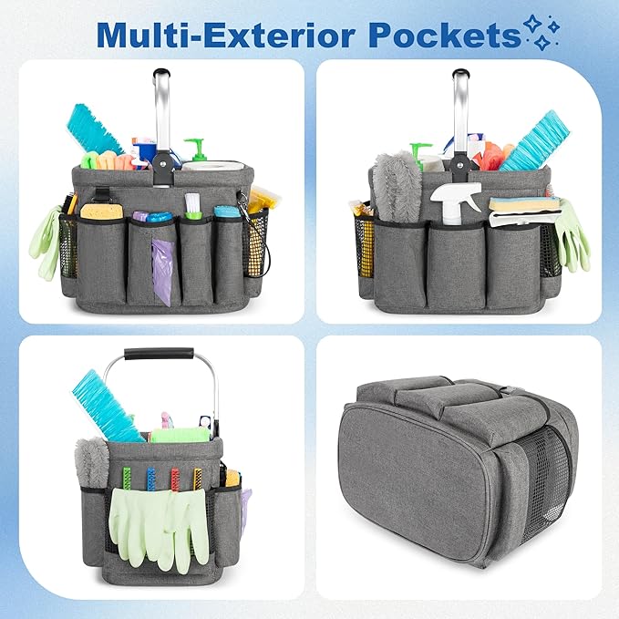 Cleaning Caddy Organizer with Handle, Cleaning Tote Bag with Multiple Pockets for Cleaning Supplies, Products Storage, Housekeepers, Car Cleaning, Grey