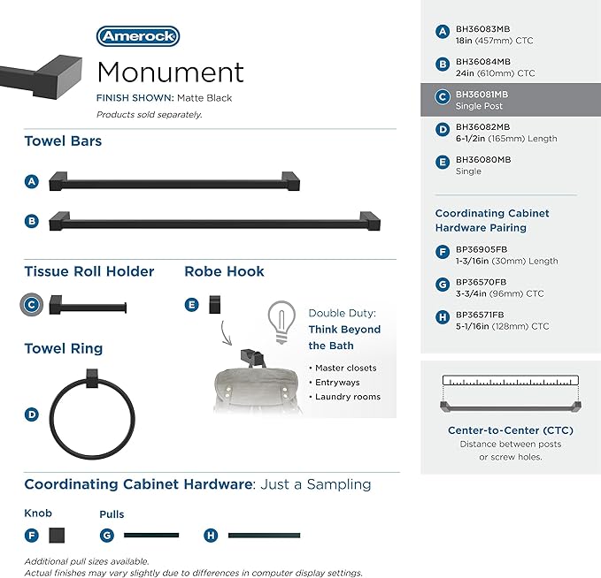Amerock BH36081MB | Matte Black Single Post Toilet Paper Holder | 5-7/8 in. (149 mm) Length Toilet Tissue Holder | Monument | Bath Tissue Holder | Bathroom Hardware | Bath Accessories