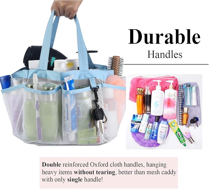 Haundry Mesh Shower Caddy Tote, Large College Dorm Bathroom Caddy Organizer with Key Hook and 2 Oxford Handles, 8 Basket Pockets for Camp Gym