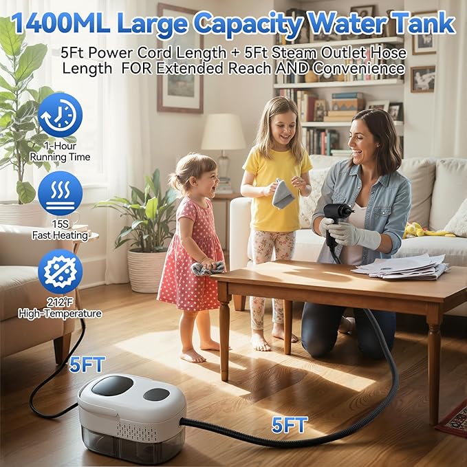 Handheld Steam Cleaner,2500W High-Pressure Steamer for Cleaning, 15s Fast Heat-Up&1.4L Large Tank,3-Level Adjustable Handle with 14 Accessories,Portable Steam Cleaner for Home,Car,Furniture,Bathroom