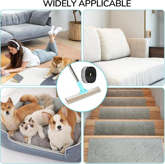 Carpet Rake for Pet Hair Removal, Adjustable Long Handle Carpet Rake for Pet Hair Removal, Double-Sided Reusable Dog Cat Fur Remover with Hair Removal Glove, Pet Fur Rake for Rugs, Mats