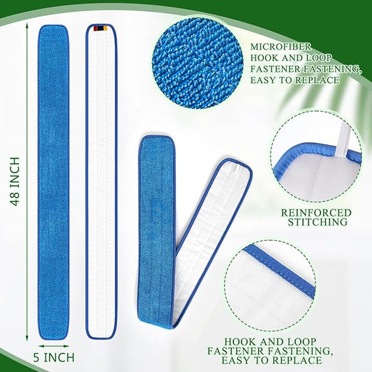 3 Pcs Large 48 Inch Commercial Replacement Microfiber Pads Reusable Wrestling Wet Mop Refill Pads for Flat Mop Frames Wet and Dry Use (Micronfiber & Cotton,Blue)