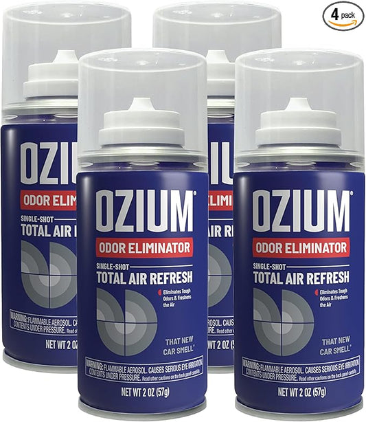 Ozium Air Sanitizer, 2 oz Car Fogger: Single-Shot Smoke Odor Eliminator & Car Air Freshener (New Car Smell, 4 Packs)