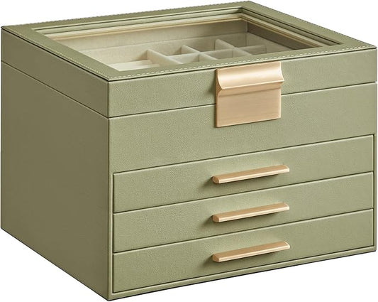 SONGMICS GISELLA Collection - Jewelry Box Organizer, 4-Layer Jewelry Storage with 3 Drawers, Shiny Metal Hardware, Glass Lid, Modern, 8 x 9.1 x 6.5 Inches, Avocado Green and Gold Color UJBC173C02