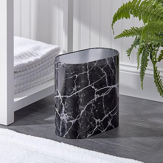 mDesign Metal Freestanding Slim Toilet Bowl Brush and Holder + Rectangle Narrow 5 Liter / 1.3 Gallon Step Pedal Trash Can Wastebasket for Bathroom - Small, Compact Design - Set of 2 - Brushed/Chrome