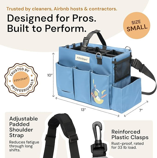 FifthStart Multiuse Cleaning Caddy with Waist, Shoulder Strap 9 Pockets, Mesh Base & Adjustable Compartments - Cleaning Caddy - Cleaning Supplies Organizer (Blue, Small)