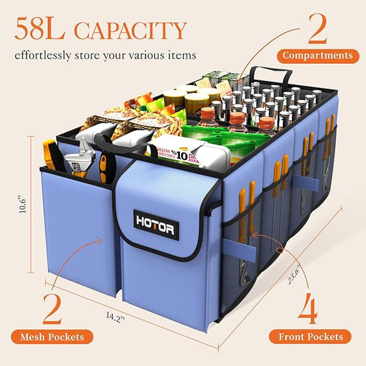 HOTOR Foldable Trunk Organizer - SUV & Sedan Compatible, 2 Compartments, Blue, 23.6"14.2"10.6" Sturdy Car Organization for Accessories, Tools, Sundries