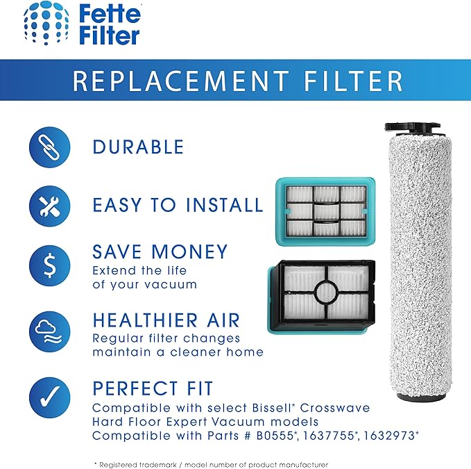 3831 Replacement Brush and Filter Set for Bissell Crosswave Hard Floor Expert Vacuum Models 3831 HF2 3845 3847 3848, Replacement Part # B0555, 1637755, 1632973 1 Roller Brush Filter 1 HEPA Filter