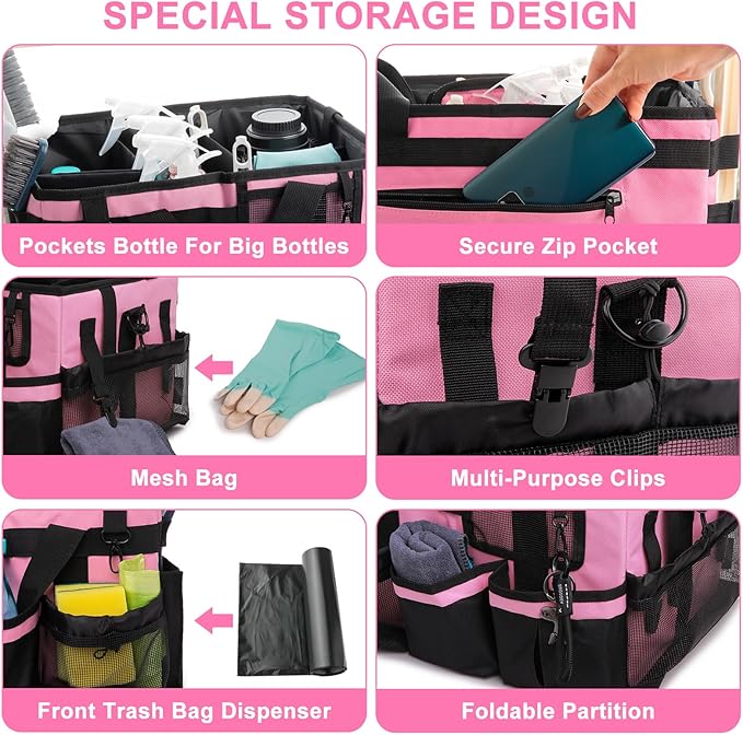 Large Cleaning Caddy Tote Bag with 4 Foldable Dividers Sturdy Support Board, Waterproof Cleaning Tools Organizer with Adjustable Shoulder Strap Waist Belt for Housekeepers, Cleaners Professional Use