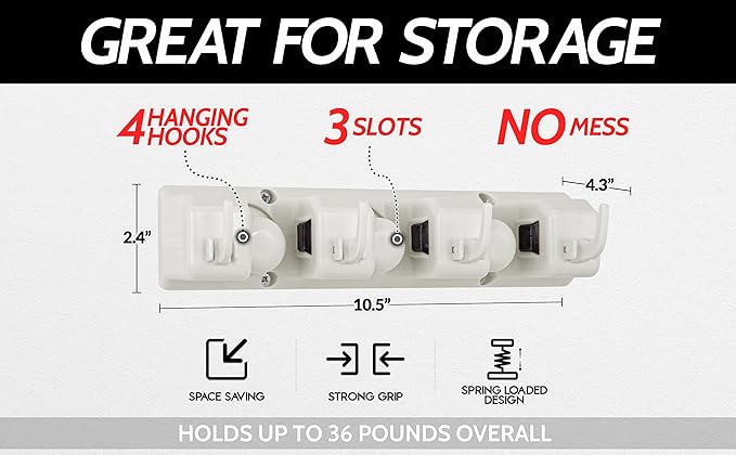 Zulay Home Mop and Broom Organizer Wall Mount - Easy to Install Mop and Broom Holder Wall Mount for Storing Cleaning Supplies - Organizer Utility Racks Mop Holder and Broom Hanger (3 Slots, White)
